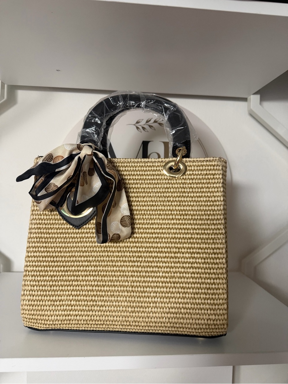 Woven Straw Top-Handle Bag with Scarf Accent - Beige